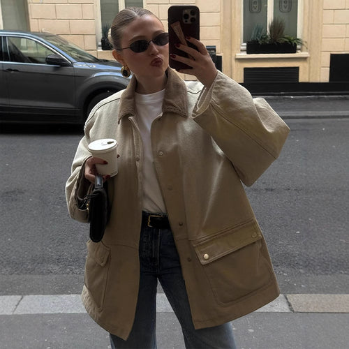Damen Oversize-Fieldjacke mit Cordkragen, großen Pattentaschen und Druckknopfverschluss Shop Nory