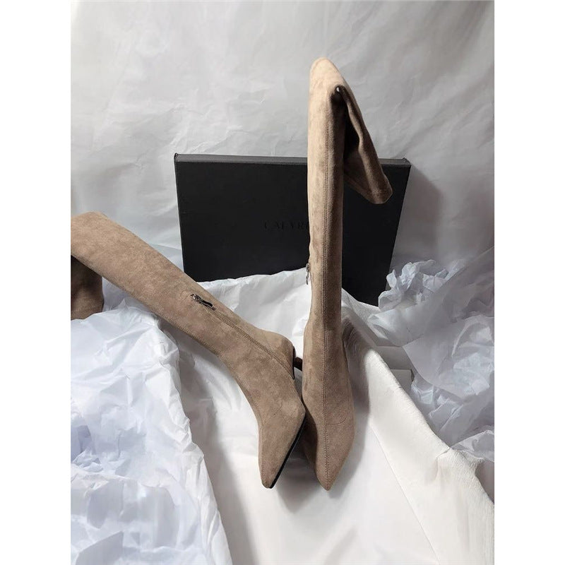 Damen Kniestiefel mit Umschlagschaft, spitzer Zehenform und Kitten‑Absatz Shop Nory
