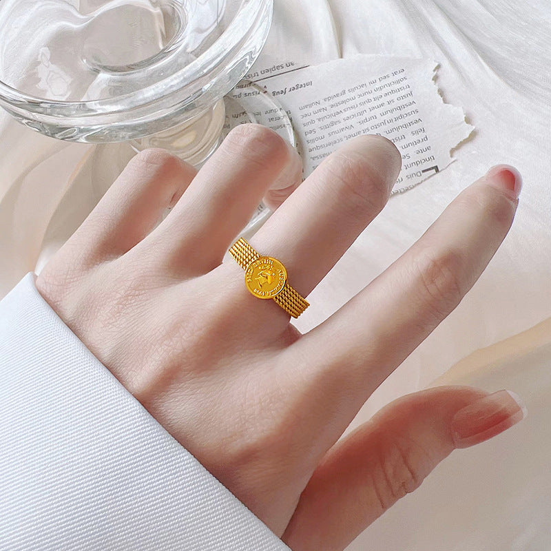 Damen Ring mit prägnantem Münzdesign und netzartigem Band Shop Nory