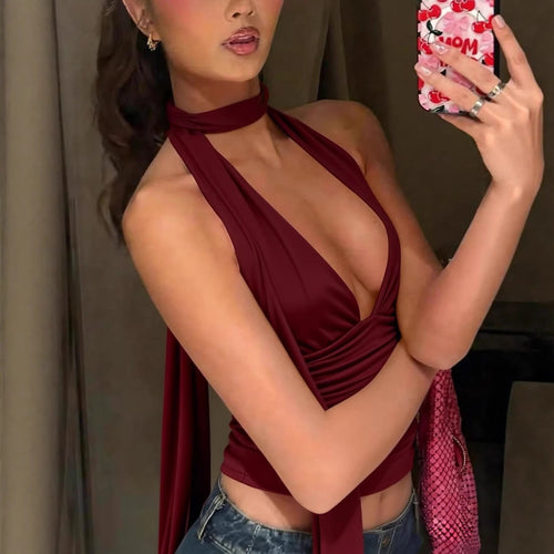 Damen Neckholder-Top mit tiefem Ausschnitt und Raffung Shopnory