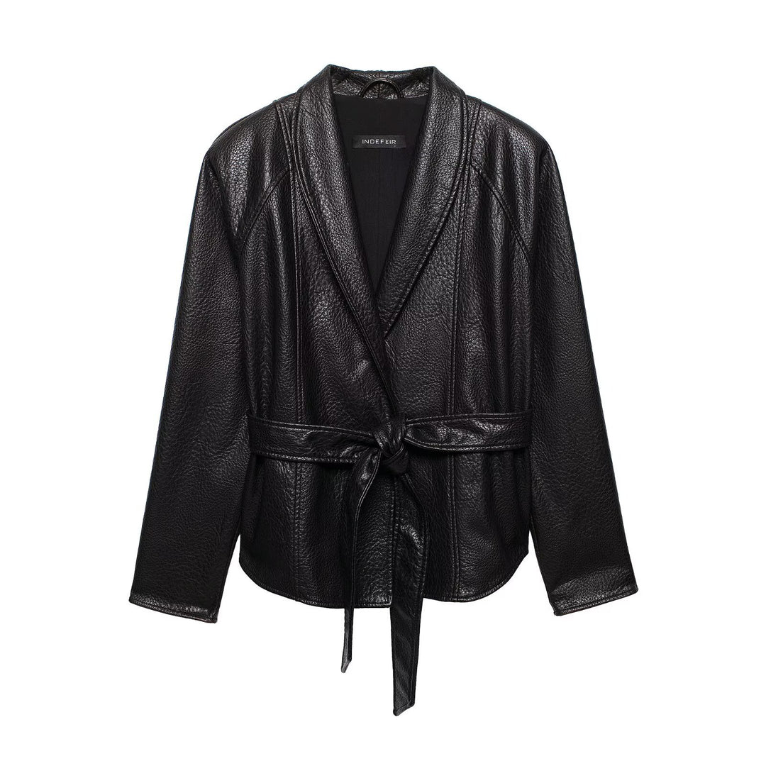 Damen Kurzjacke aus Lederoptik mit Schalkragen und Taillenbindegürtel Shop Nory
