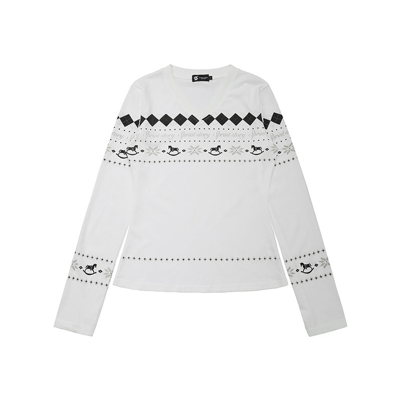 Damen Langarmshirt mit V-Ausschnitt und skandinavischem Norwegerprint aus Baumwollmix Shop Nory