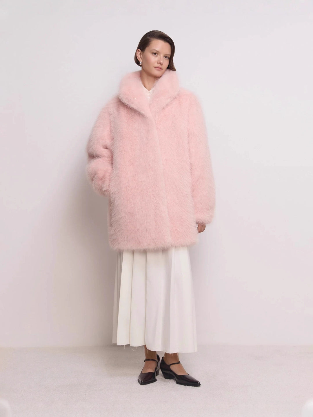 Damen Midilanger flauschiger Teddy-Kunstpelz‑Mantel mit stehendem Schalkragen Shop Nory