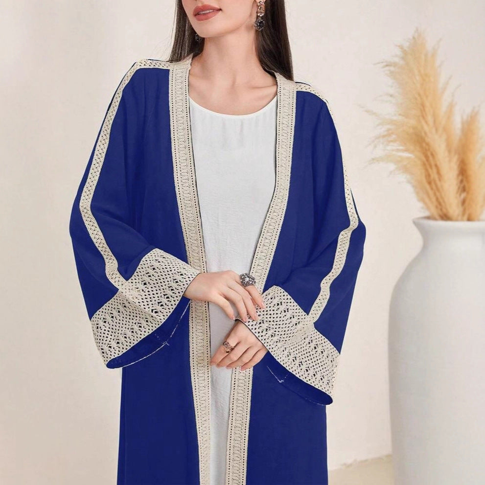 Damen Langes Open‑Front Kaftan‑Mantel mit Häkelspitzenbesatz Shop Nory