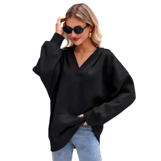 Damen Oversize V-Ausschnitt Hoodie mit Kapuze, Kängurutasche und verlängertem Saum Shop Nory