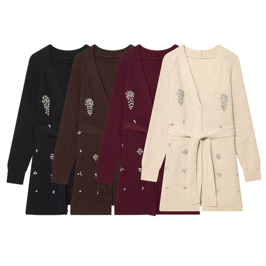 Damen Lange Strickjacke mit Bindegürtel und Schmuckstein-Applikation Shop Nory