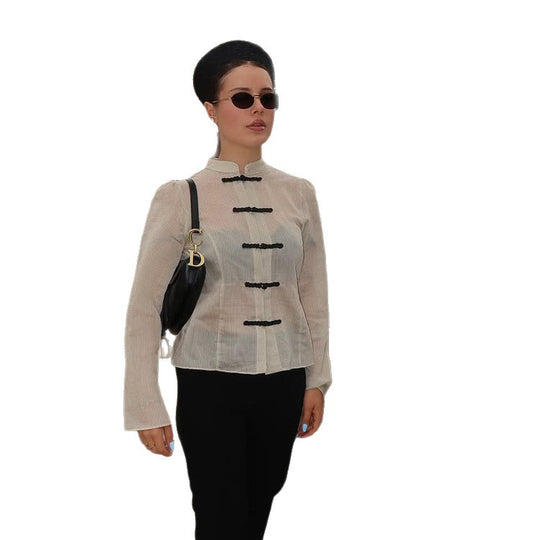 Damen Chinesisch-inspirierte Cordjacke mit Stehkragen, Froschverschlüssen & Taillengürtel Shop Nory