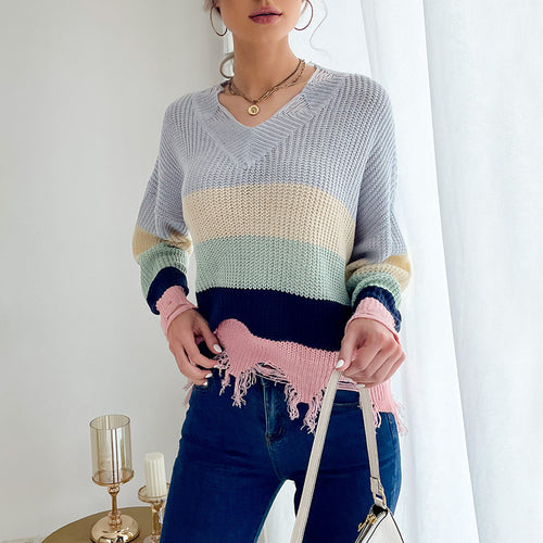 Damen Oversize Strickpullover mit V‑Ausschnitt, Streifenmuster und ausgefranstem Saum Shop Nory