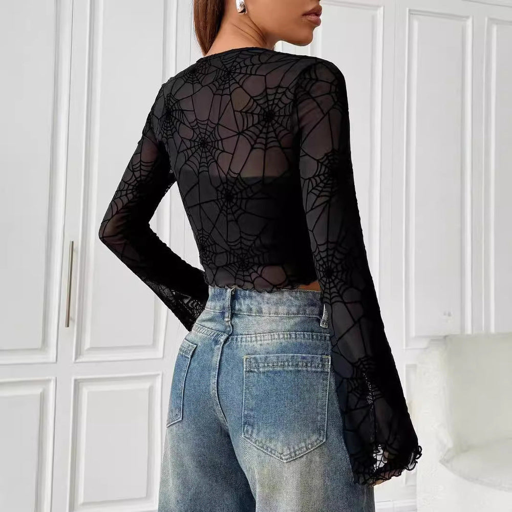 Damen nan transparentes Netztop mit samtigem Spinnennetzprint und bauchfreiem Schnitt Shopnory