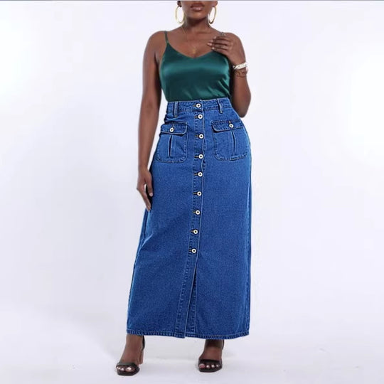 Damen Lang geschnittener High-Waist Denim-Maxirock mit durchgehender Knopfleiste und aufgesetzten Taschen Shop Nory