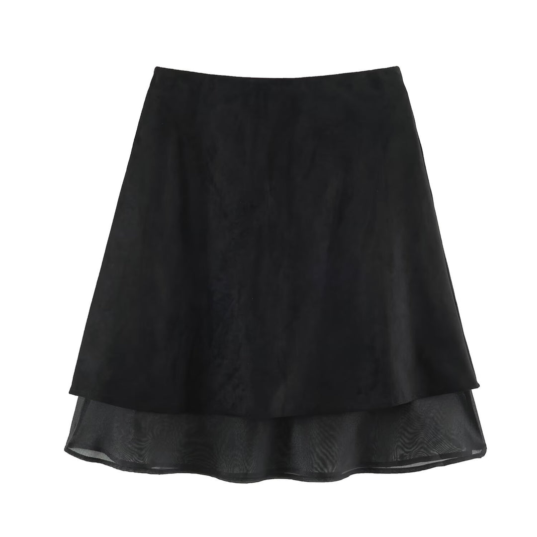 Damen A‑Linien Midirock mit Veloursoptik und Chiffon‑Volant Shop Nory