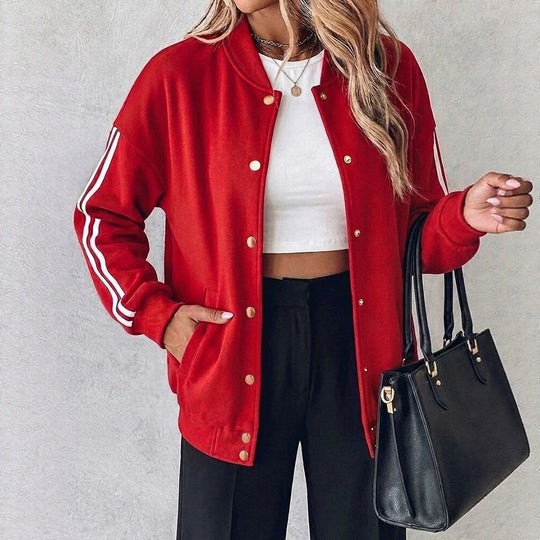 Damen Oversized Collegejacke mit Druckknopfleiste und kontrastierenden Streifenärmeln Shop Nory