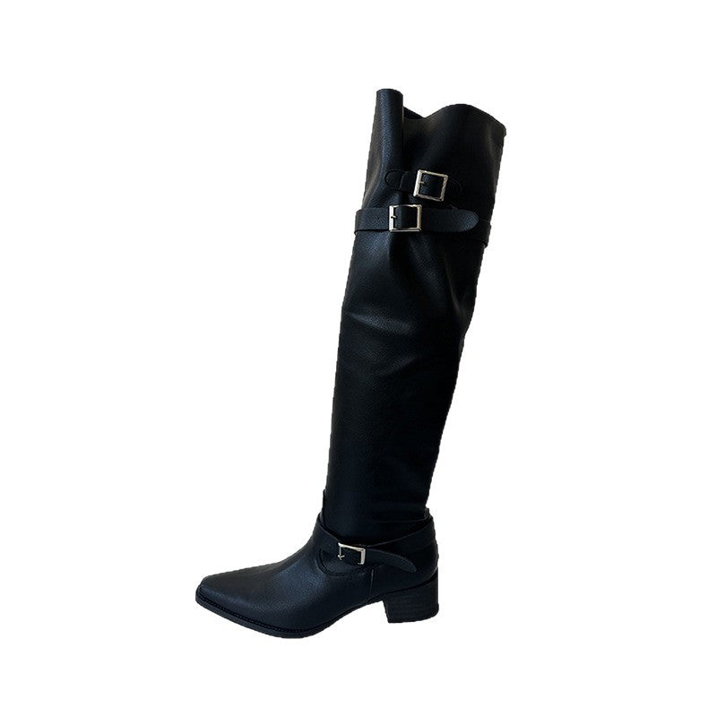 Damen Kniehohe Stiefel im Reiterstil mit verstellbaren Schnallen Shop Nory