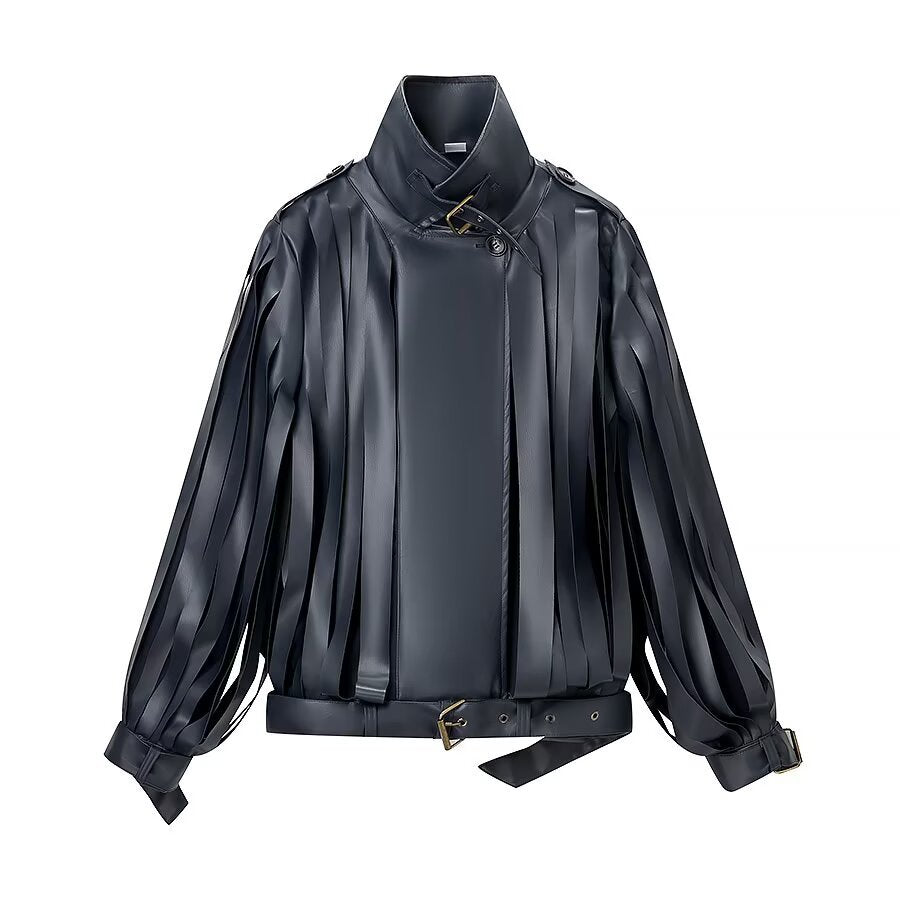 Damen Lederimitat‑Fransenblouson mit Stehkragen und Taillengürtel Shop Nory