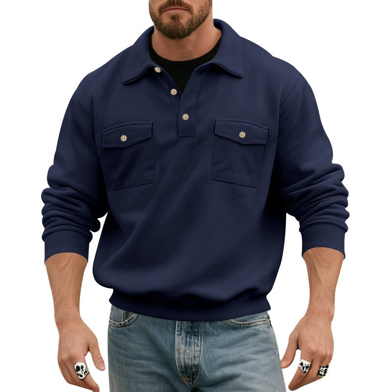 Herren nan legerer Button-Polo-Sweatshirt mit aufgesetzten Brustklappen und gerippten Bündchen Shop Nory