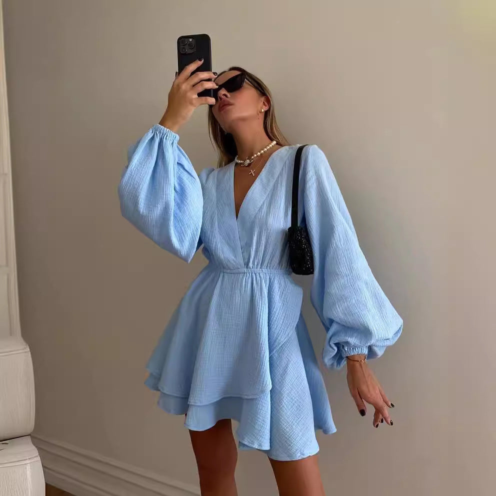 Damen Luftiges Wickelkleid mit Volantstufen und Ballonärmeln Shop Nory