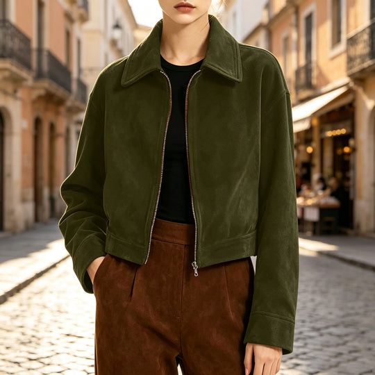Damen Kurzjacke aus Wildlederoptik mit Reißverschluss und weitem Hemdkragen Shop Nory