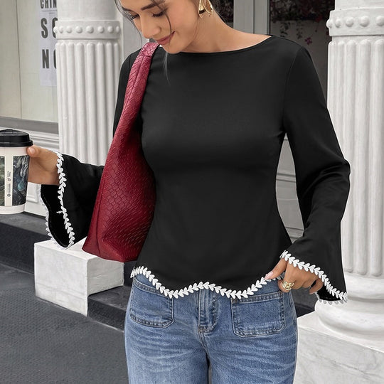 Damen Taillierte Langarmbluse mit U‑Boot‑Ausschnitt, Glockenärmeln und besticktem Blattbesatz Shop Nory