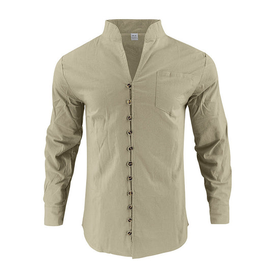 Herren Hemd mit Stehkragen und asymmetrischer Knopfleiste aus Leinenmix Shop Nory