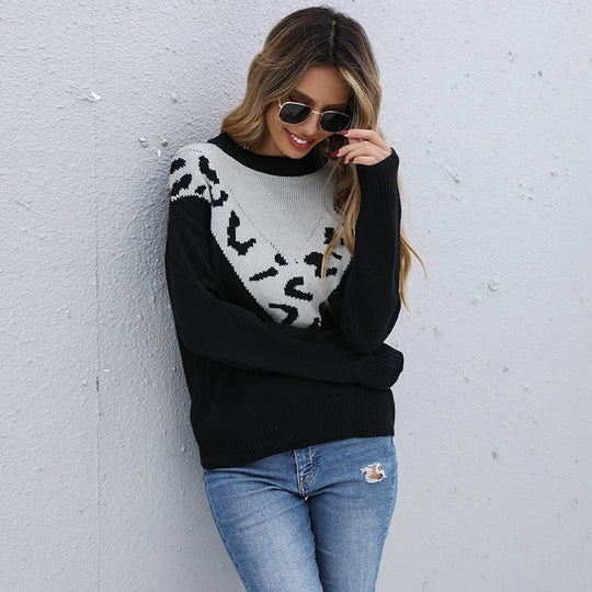 Damen Feinstrickpullover mit kontrastiver Leo‑Jacquard‑Passe und legerer Silhouette Shop Nory