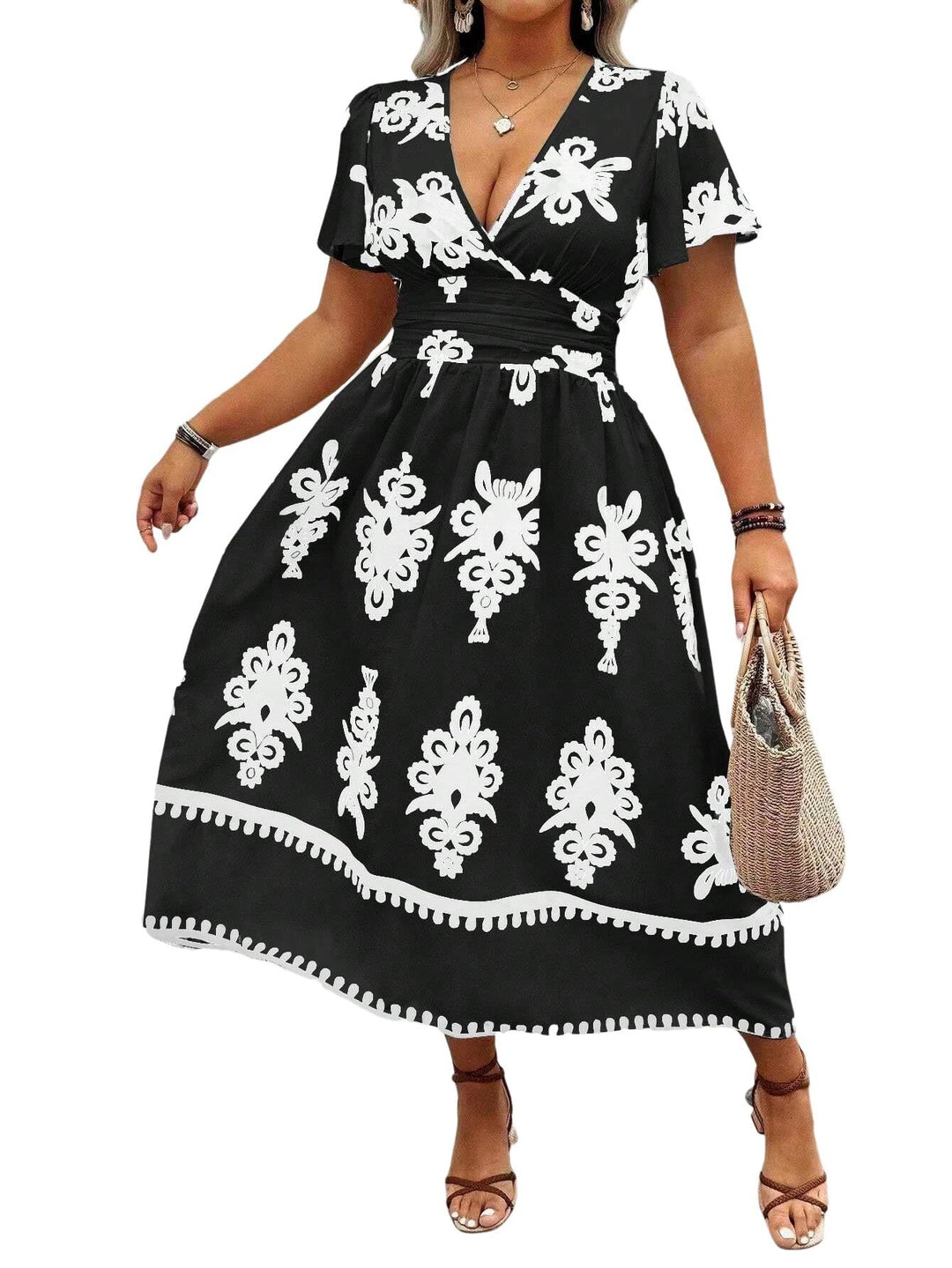 Damen Wickel-Midikleid mit taillierter Drapierung und dekorativem Bordürenprint Shop Nory