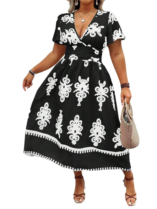 Damen Wickel-Midikleid mit taillierter Drapierung und dekorativem Bordürenprint Shop Nory
