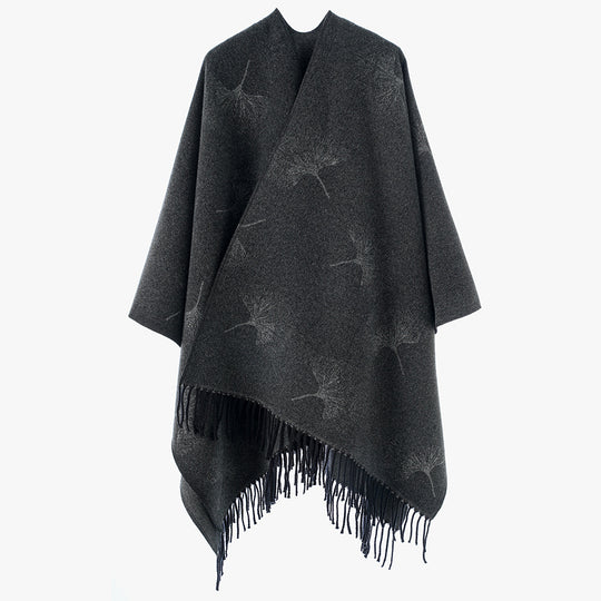 Damen Wollmix-Poncho Überwurf mit Pusteblumen-Jacquard und Fransensaum Shop Nory