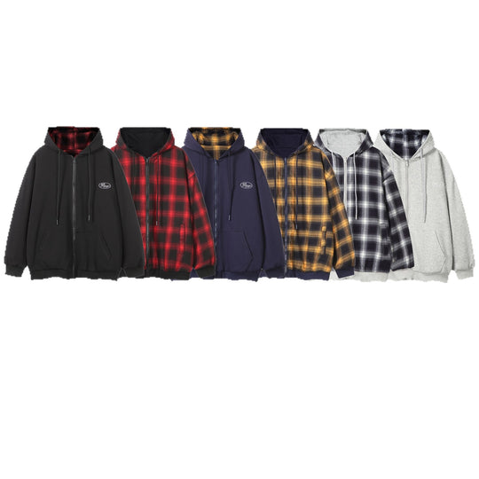 Unisex Oversize-Kapuzenzipjacke mit karierter Kapuzenfütterung und Kängurutaschen Shop Nory