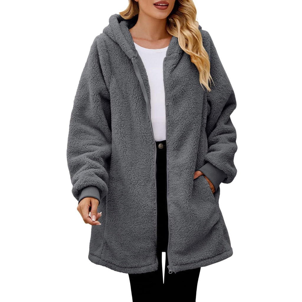 Damen kuschelige Fleecejacke mit Kapuze und Reißverschluss
