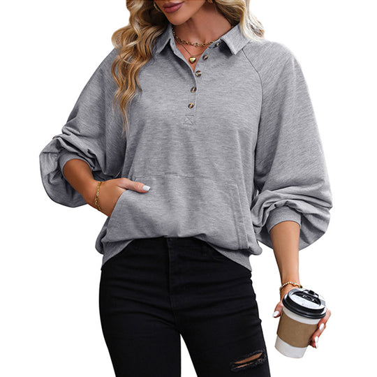 Damen Pullover-Sweatshirt mit Polo-Kragen, Raglan‑Ballonärmeln und Kängurutasche Shop Nory