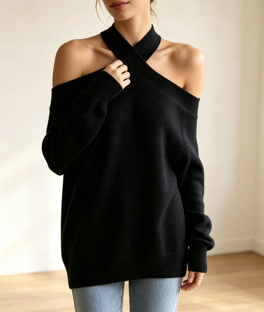 Damen Grobgestrickter schulterfreier Pullover mit überkreuztem Neckholder Shop Nory