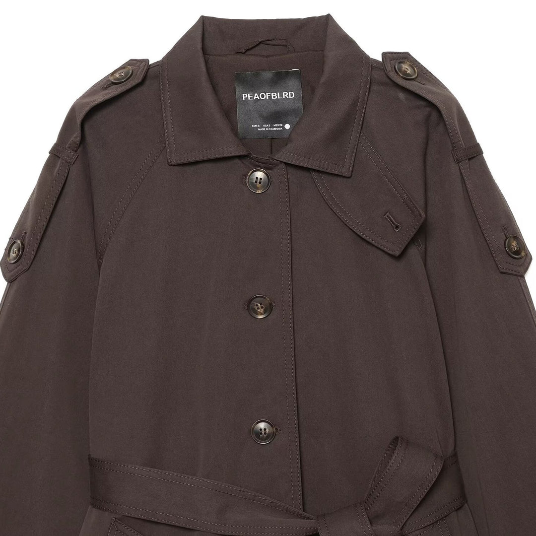 Damen Kurzer Trenchcape mit Taillengürtel, Epauletten und aufgesetzten Taschen Shop Nory