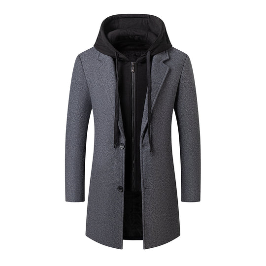 Herren Langer Wollmix-Übermantel mit integrierter Kapuzen-Innenjacke und Zwei-Wege-Reißverschluss Shop Nory