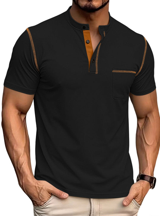 Herren nan kurzärmeliges Henley-Shirt mit Stehkragen, Brusttasche und kontrastierenden Ziernähten