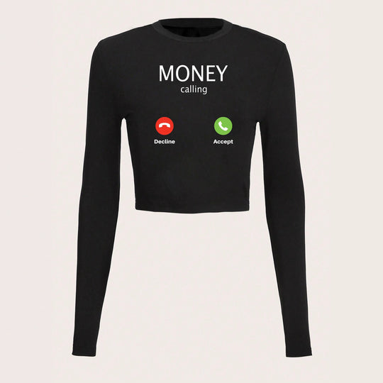 Damen nan kurzes Cropped-Longsleeve mit auffälligem Statement-Print und Call-Icon-Design Shop Nory