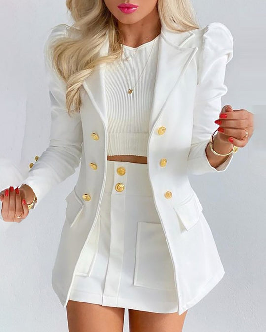 Damen Zweiteiliges karriertes Blazer- und Minirock-Set mit betonten Puffärmeln und goldenen Knöpfen Shop Nory