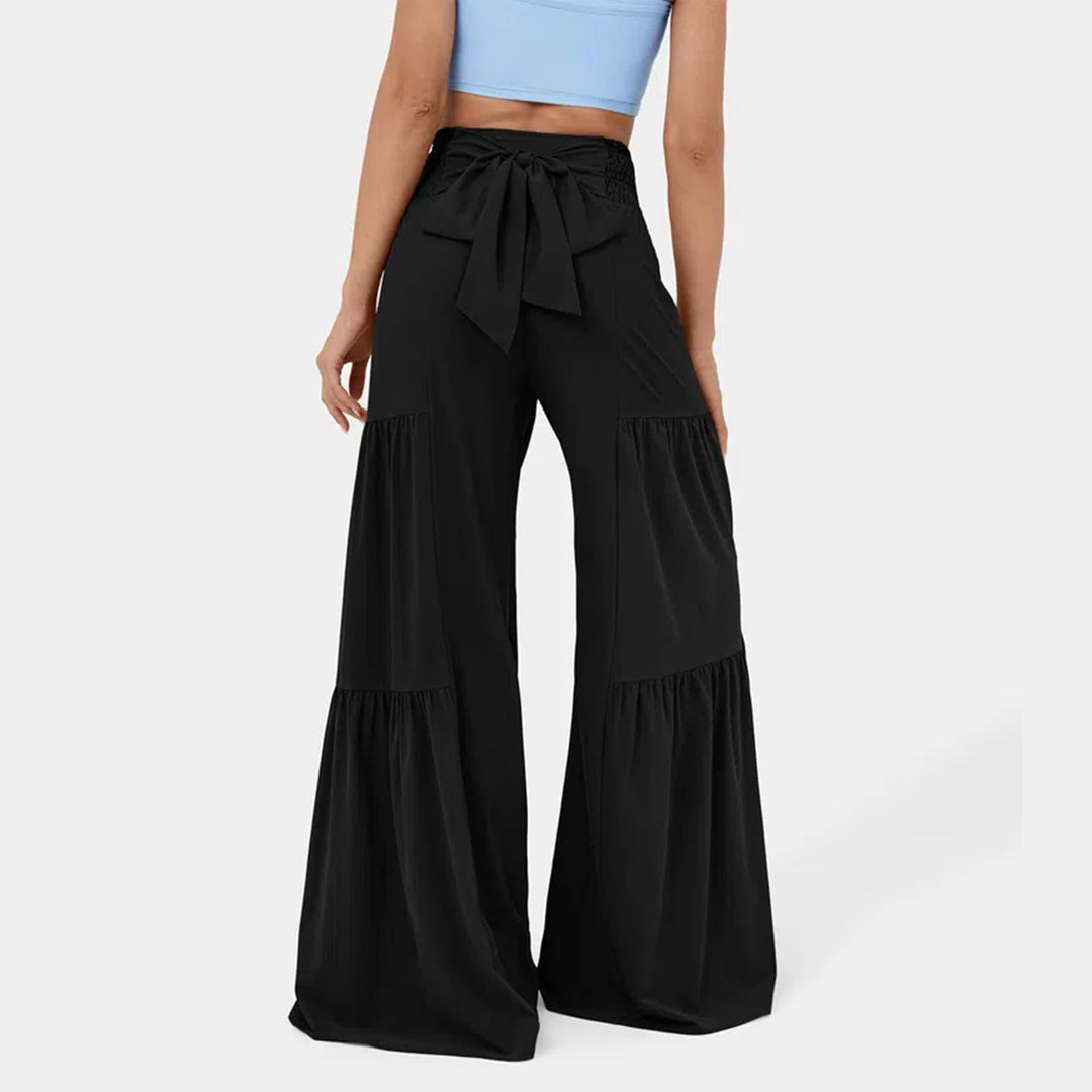 Damen weite Palazzo-Hose mit hoher Taille, bindbarem Taillenband und Stufensaum Shop Nory