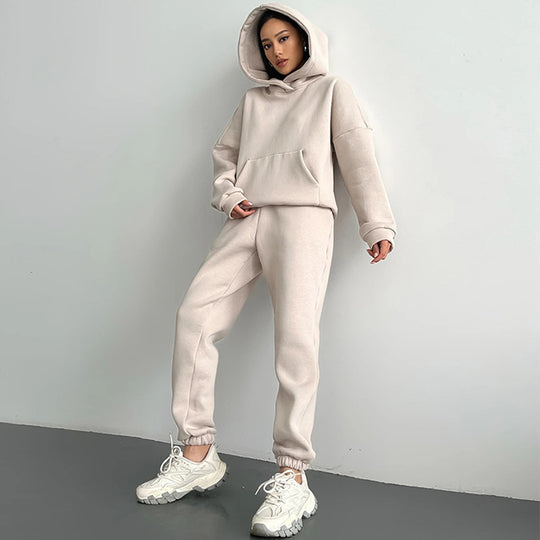 Damen nan zweiteiliges Komfort-Loungewear-Set mit oversized Kapuzenpullover, Kängurutasche und elastischem Knöchel-Jogger aus French Terry Shop Nory