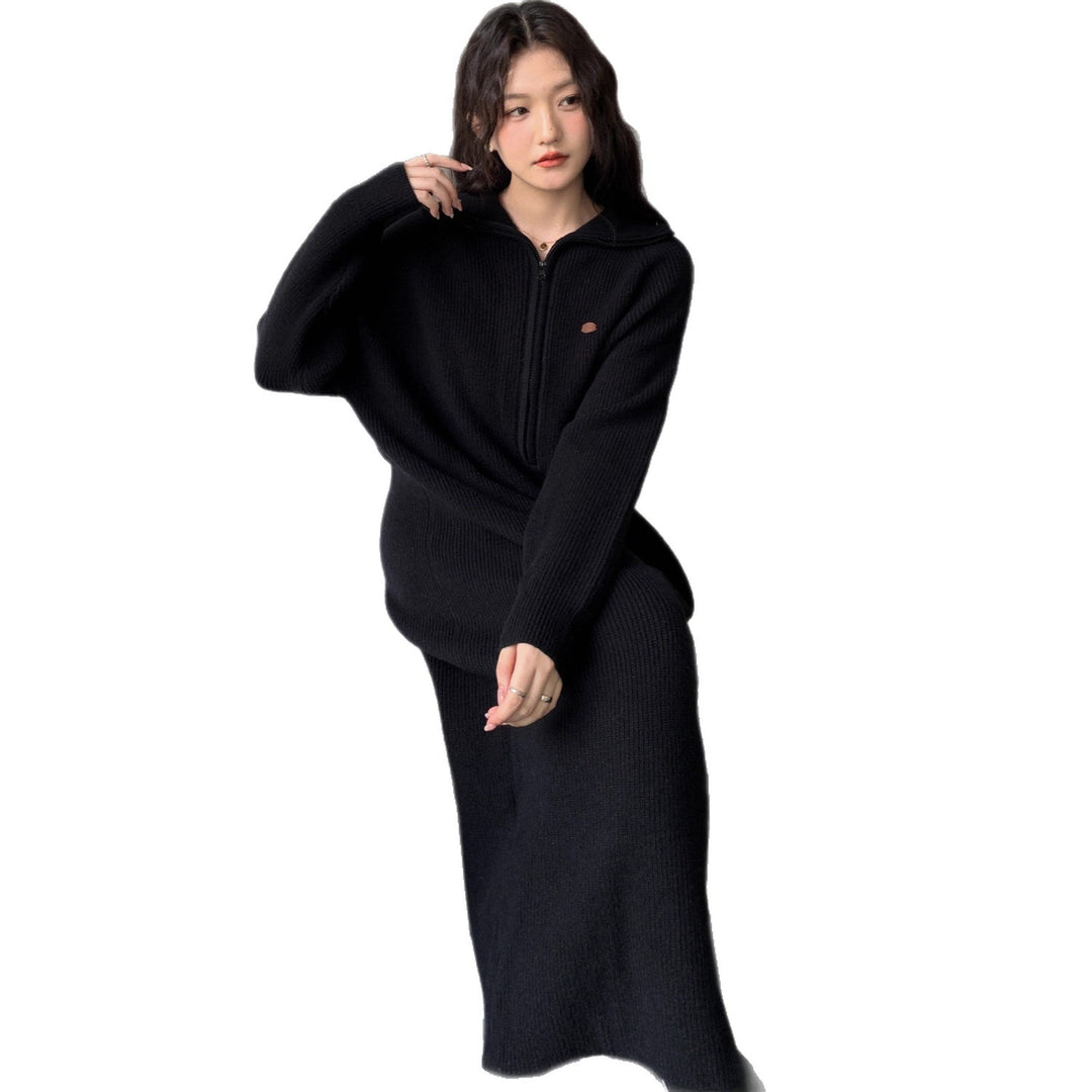 Damen Geripptes Kapuzen-Strickmaxikleid mit halbem Reißverschluss und weitem Fall Shop Nory