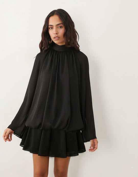 Damen Chiffon-Minikleid mit geraffter Blusentunika, Stehkragen und Volantrock Shop Nory