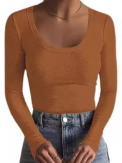 Damen Schmal geschnittenes Langarm-Feinstricktop mit weitem U-Ausschnitt Shop Nory