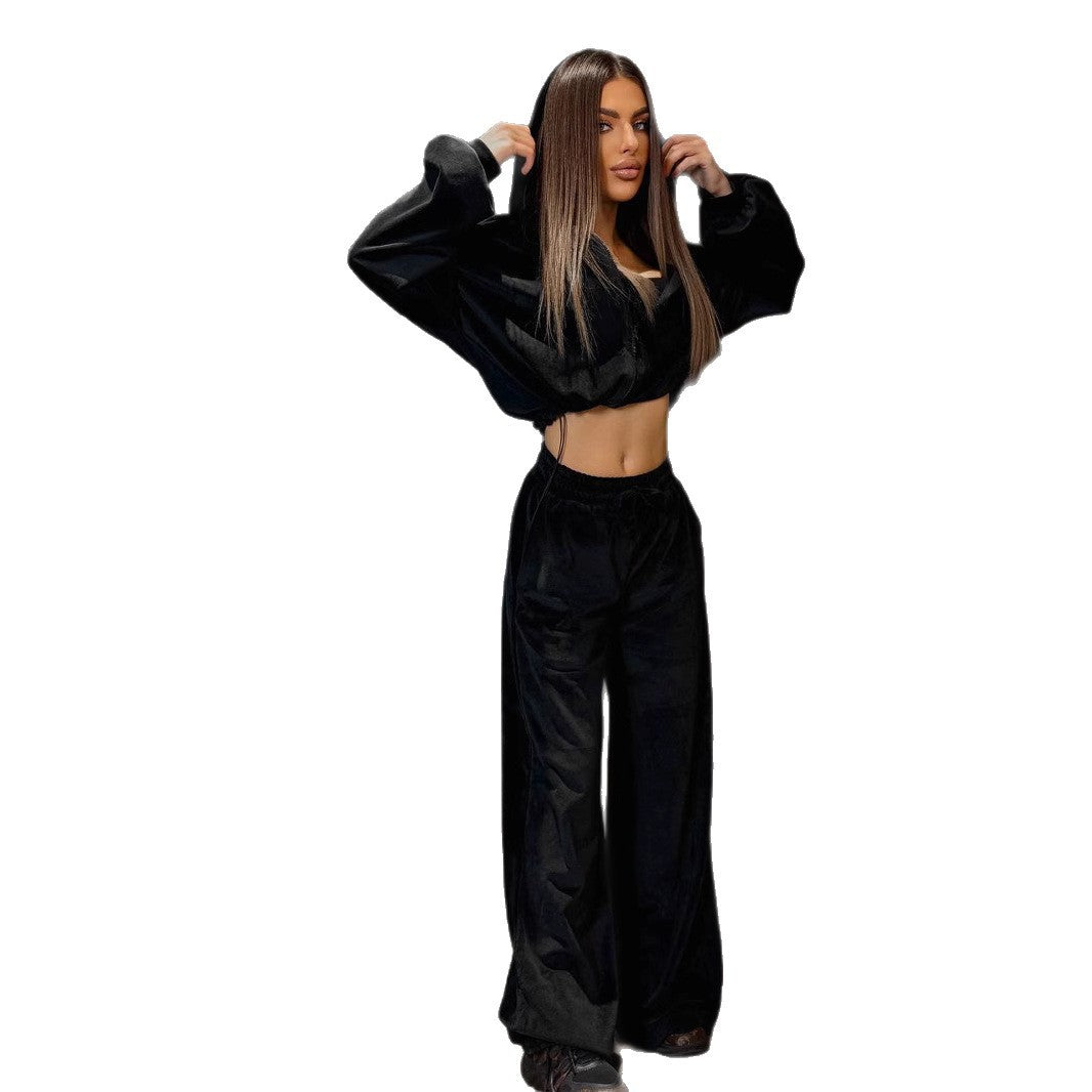 Damen luxuriöses Velours-Cropped-Hoodie und High-Waist Weite Jogginghose Set Shop Nory