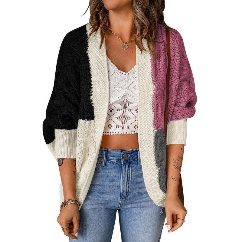 Damen Lockere Strickjacke mit modischem Farbblockdesign und tiefen Taschen