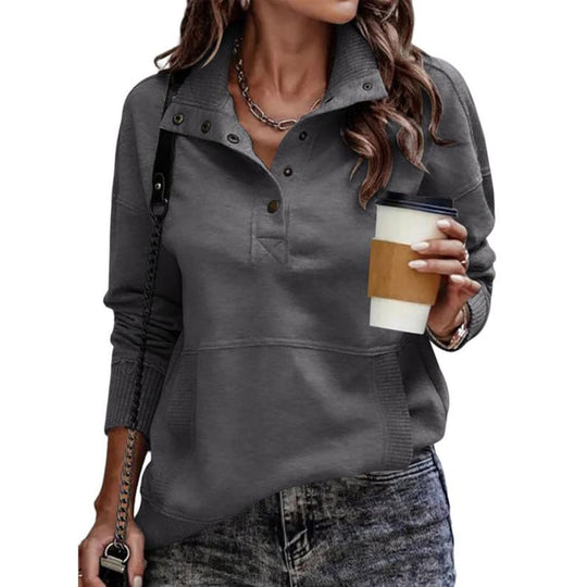 Damen Sweatpullover mit Stehkragen-Knopfleiste und Kängurutasche Shop Nory