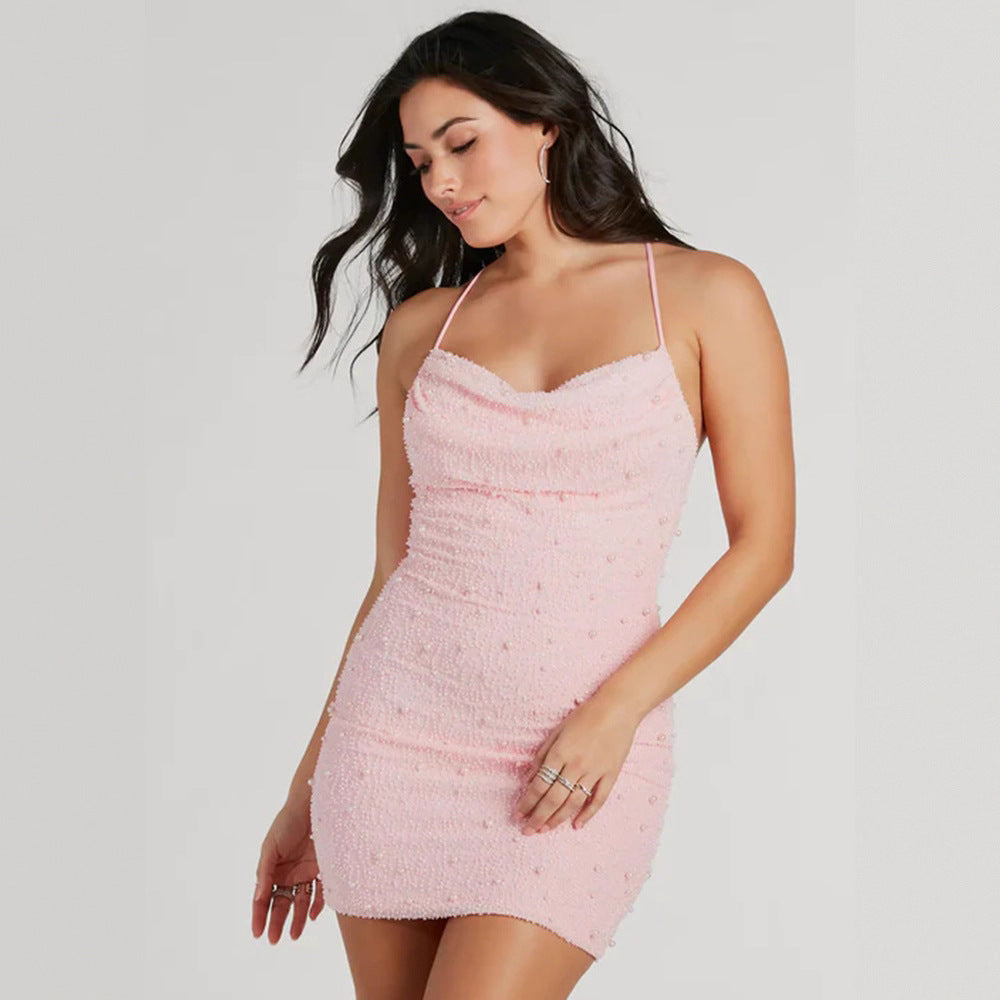 Damen Figurbetontes Minikleid mit schimmernden Perlen und Spaghettiträgern Shopnory