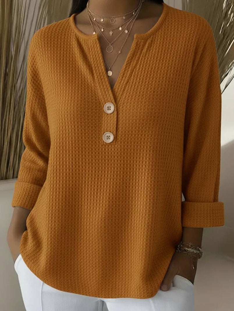 Damen nan Waffelstruktur Henley-Shirt mit V-Ausschnitt kurze Knopfleiste und krempelbaren 3/4-Ärmeln Shop Nory