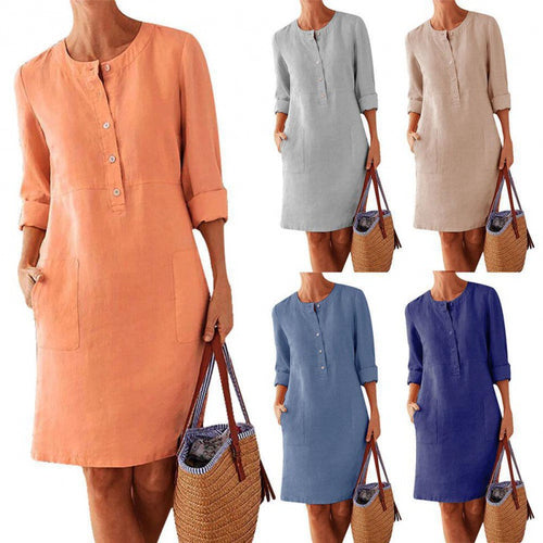 Damen Locker geschnittenes Leinenoptik-Kleid mit dreiviertel-Ärmeln, Knopfleiste und Eingrifftaschen Shop Nory