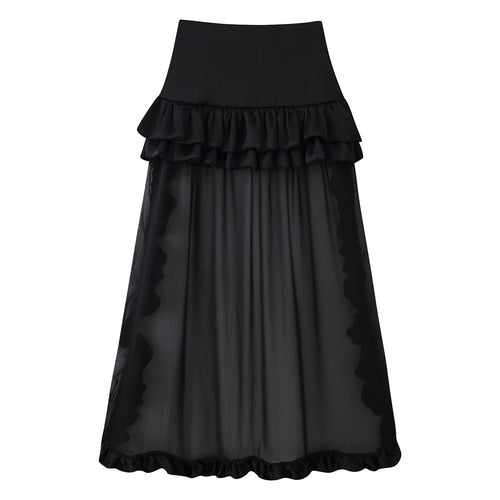 Damen Maxirock mit hohem Bund, mehrlagigem Volantbund und plissiertem Transparenteinsatz Shop Nory