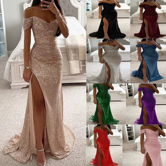 Damen Glitzerndes Off-Shoulder Abendkleid mit seitlichem Schlitz