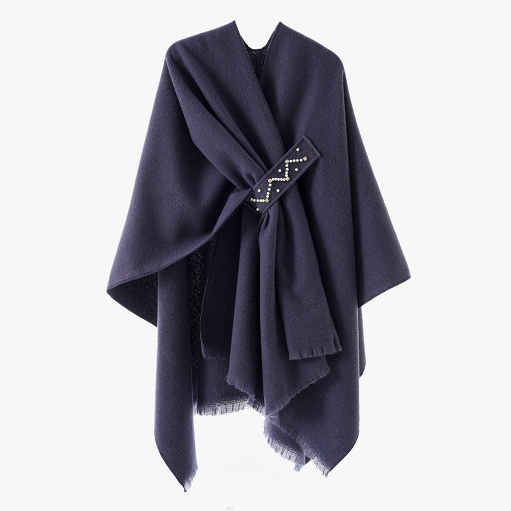 Damen Eleganter Wickel-Umhang aus Wollmischung mit Taillenschärpe und Fransensaum Shop Nory